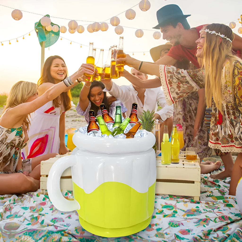 Yellow inflatable PVC ice bucket for beer steins at outdoor parties and events
