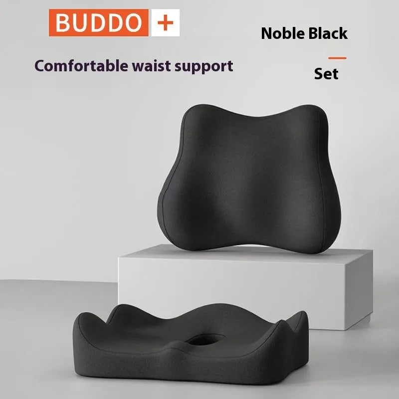 Solid colour memory foam seat cushion with a waist rest for office chair lumbar support.