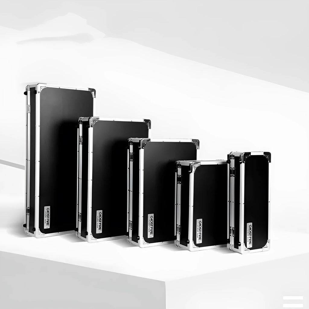 Aluminium flight case open showing custom foam compartments for T-EC8 trumpet style guitar effect pedals