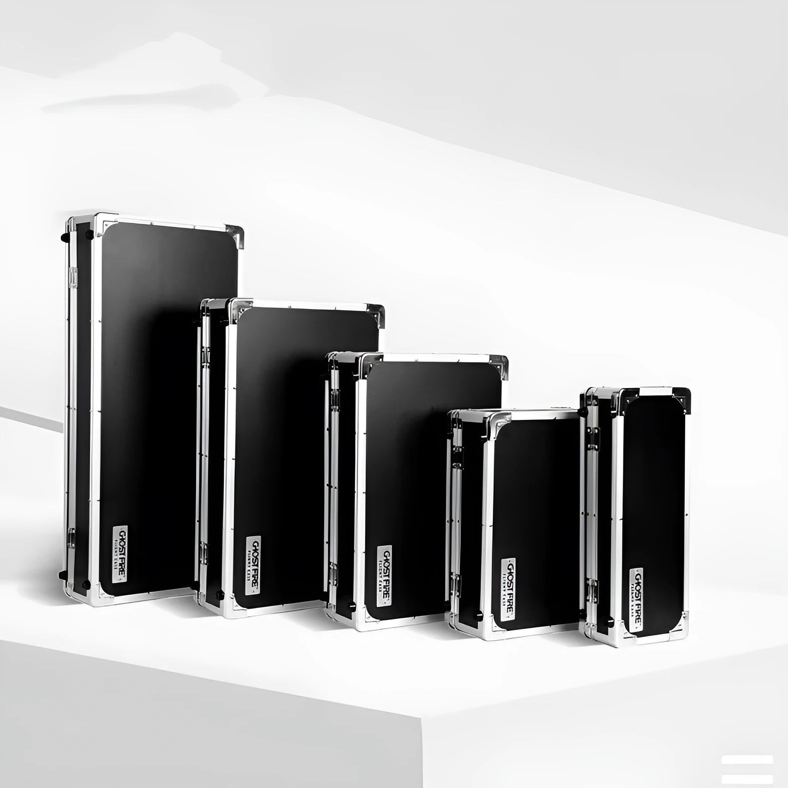 Aluminium flight case open showing custom foam compartments for T-EC8 trumpet style guitar effect pedals
