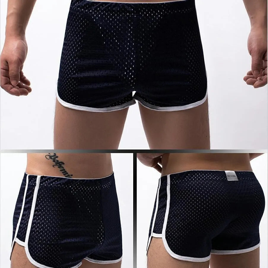 Men's cotton three-point boxers in multiple colours on a size chart background.