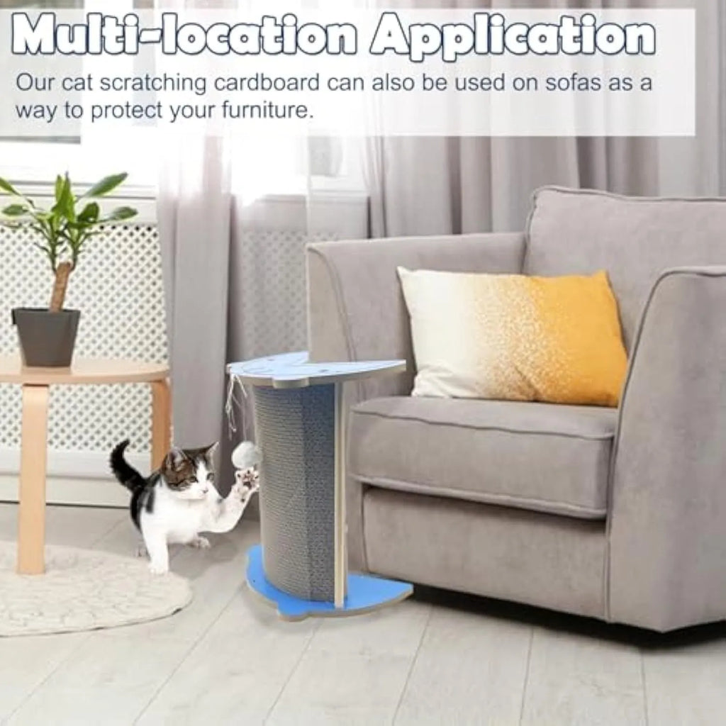 Triangular cardboard cat corner scratcher with hanging ball toy against wall
