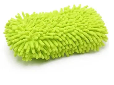 Silvery green microfiber car wash sponge with textured surface measuring 14 by 25 centimetres