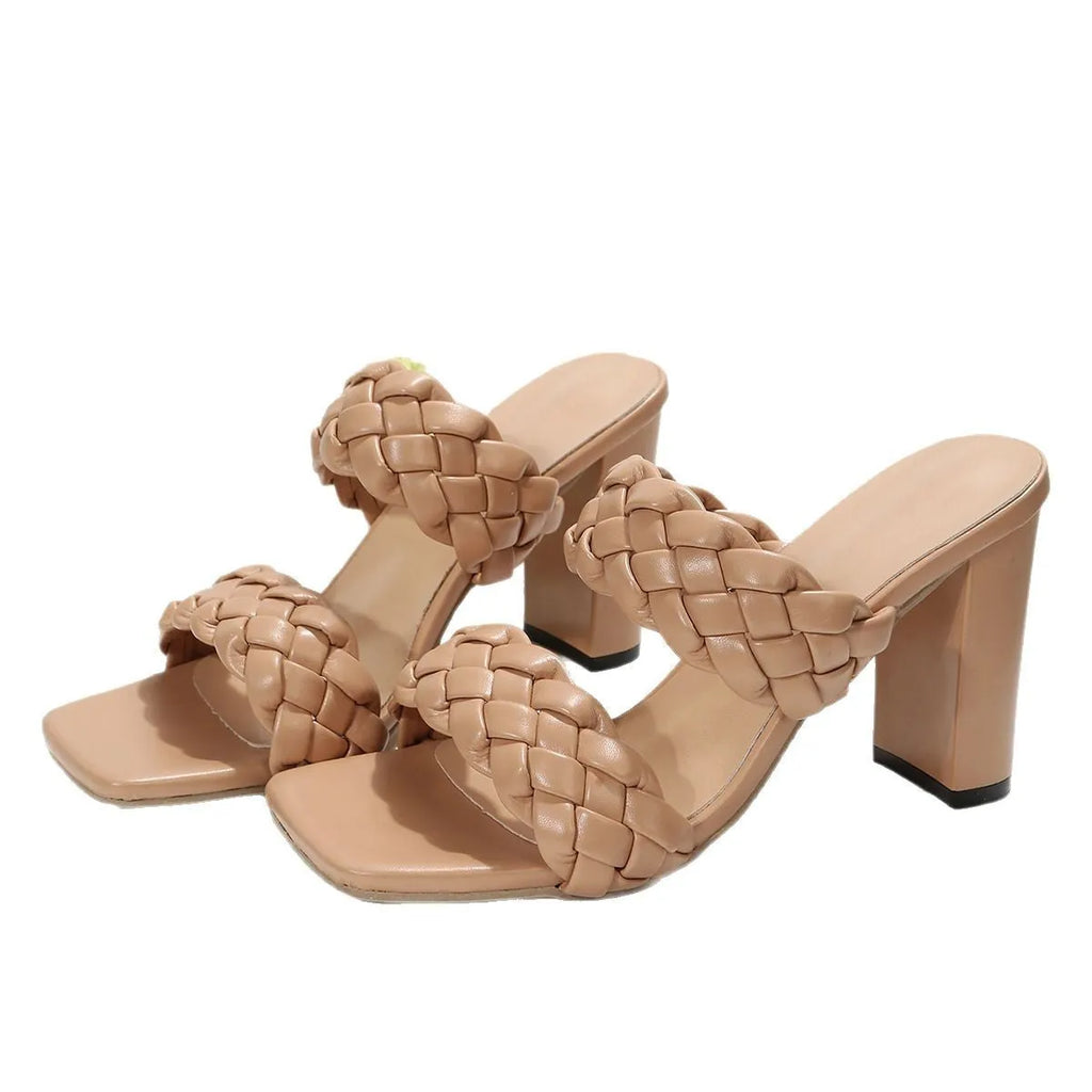 Women's white square toe flip-flops with chunky heel and woven twisted PU upper