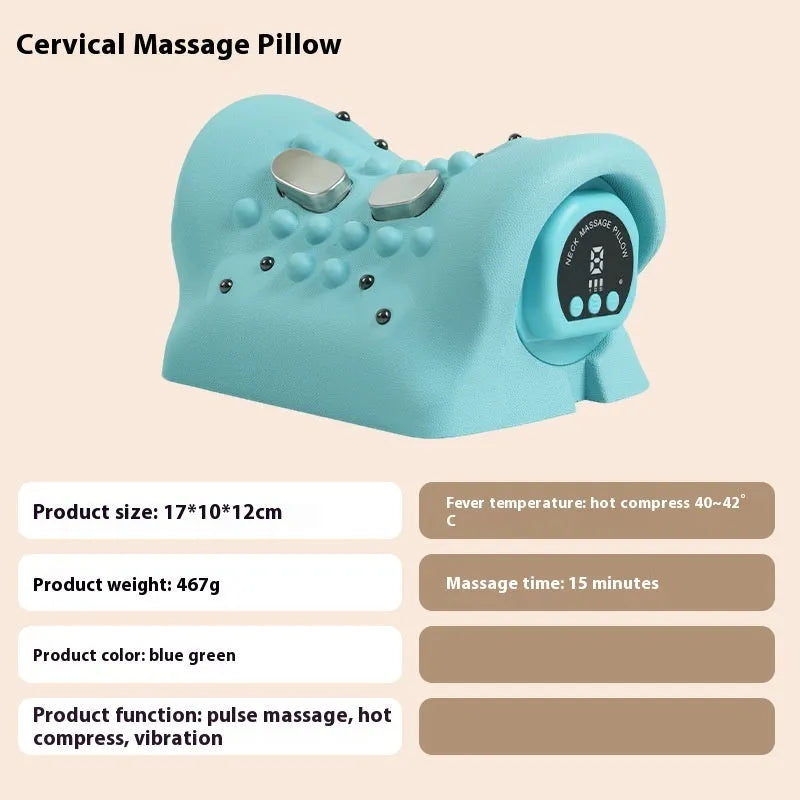 Blue-green EMS hot compress massage pillow for shoulders and neck