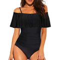 Black one-piece swimsuit with cut-out design and ruffled straps for swimming