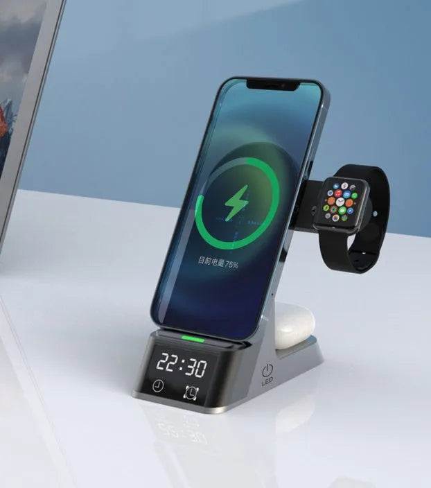 Black multifunctional alarm clock with wireless charging pad, digital display, and USB port.
