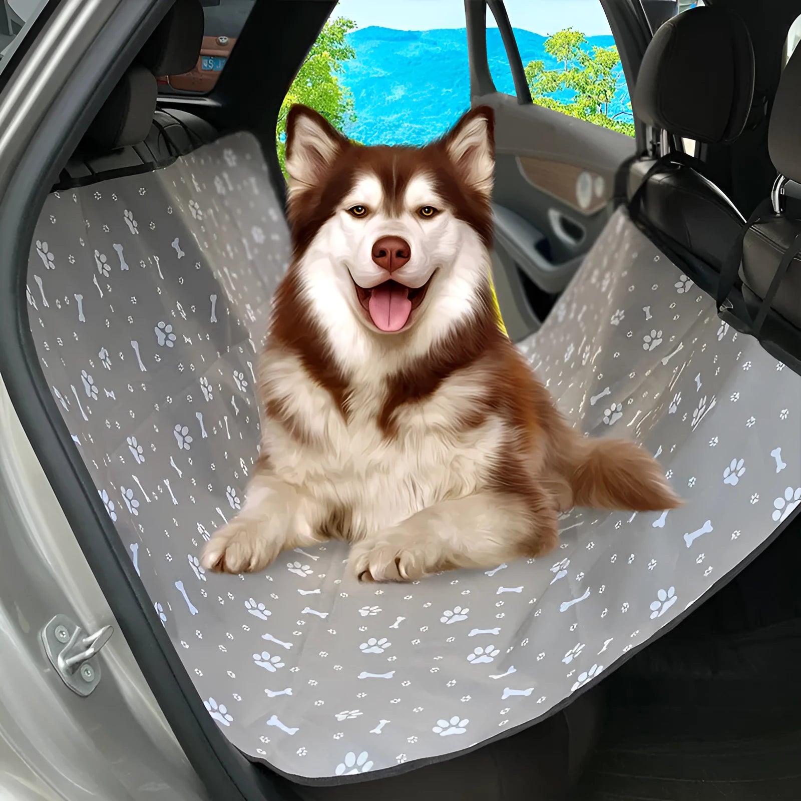 Water-resistant cloth car pet mat for rear seats with dog paw print design.