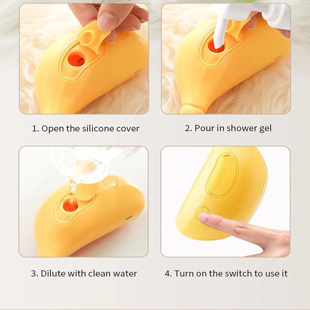 Green and yellow rechargeable 3-in-1 cat steam brush with silicone teeth and massage function.
