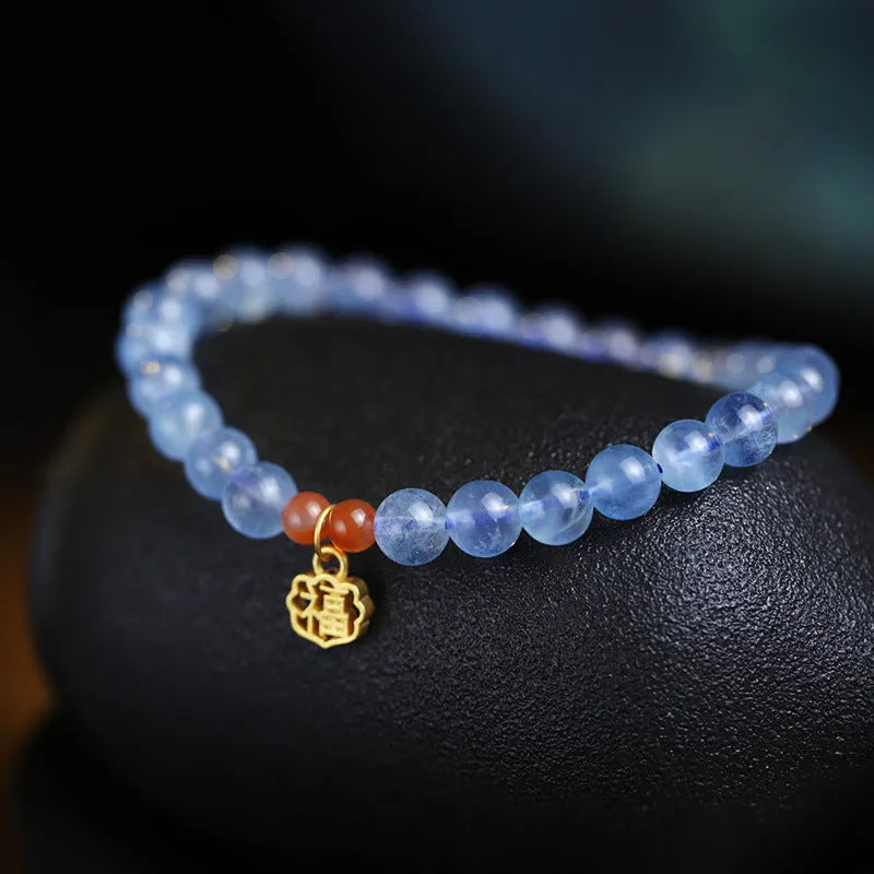 Ice translucent natural aquamarine crystal bracelet with 8mm beads and blessing card design