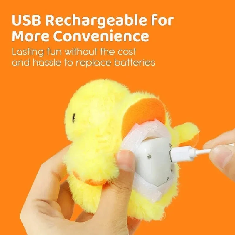 Yellow flapping duck electric cat toy with removable plush cover and USB charging cable