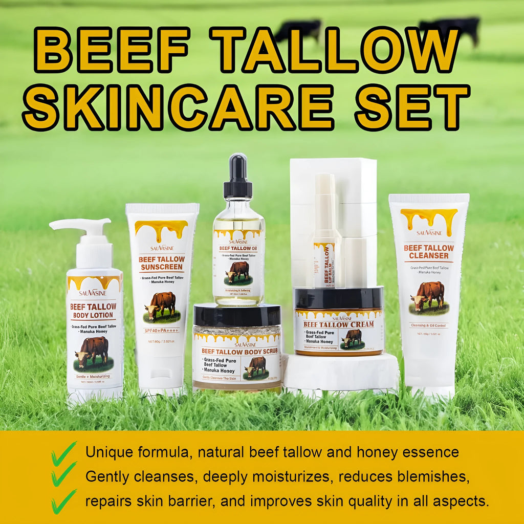 Seven-piece facial care kit with butter honey cleanser, face cream, lipstick, protective cream, body lotion, facial scrub and beef fat