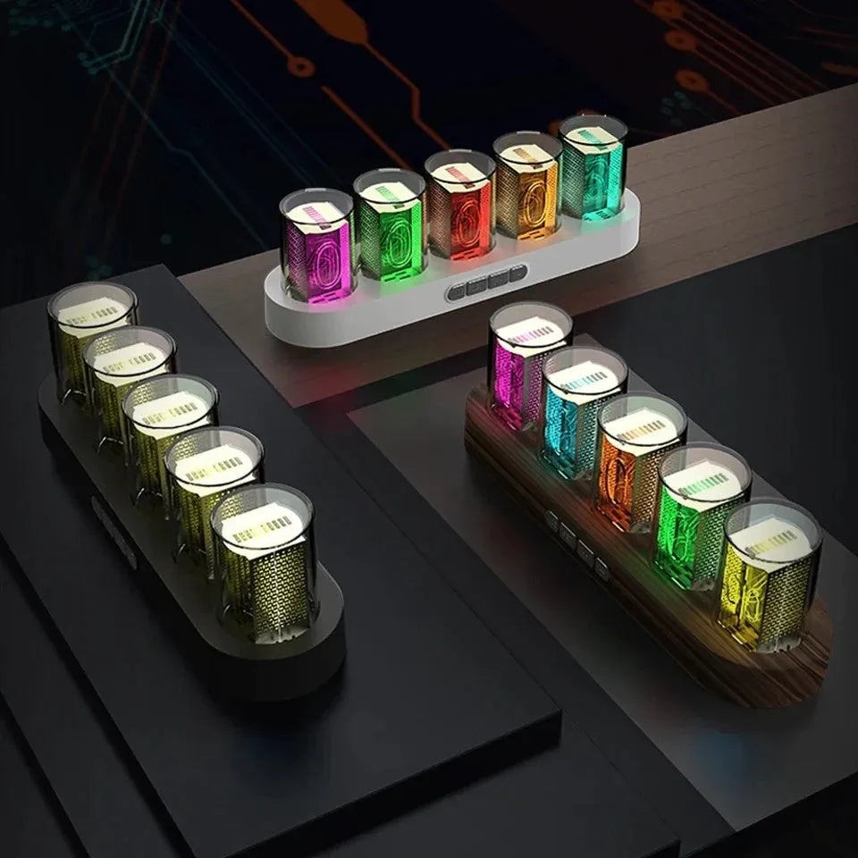 RGB Luminotron LED digital clock showing colourful display on desktop