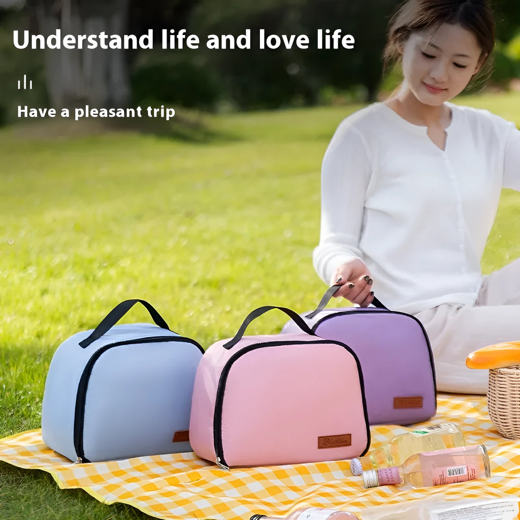 Textured cloth insulated lunch bag in sapphire blue colour with bento handbag design