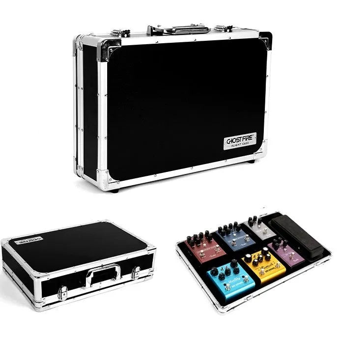 Aluminium flight case open showing custom foam compartments for T-EC8 trumpet style guitar effect pedals
