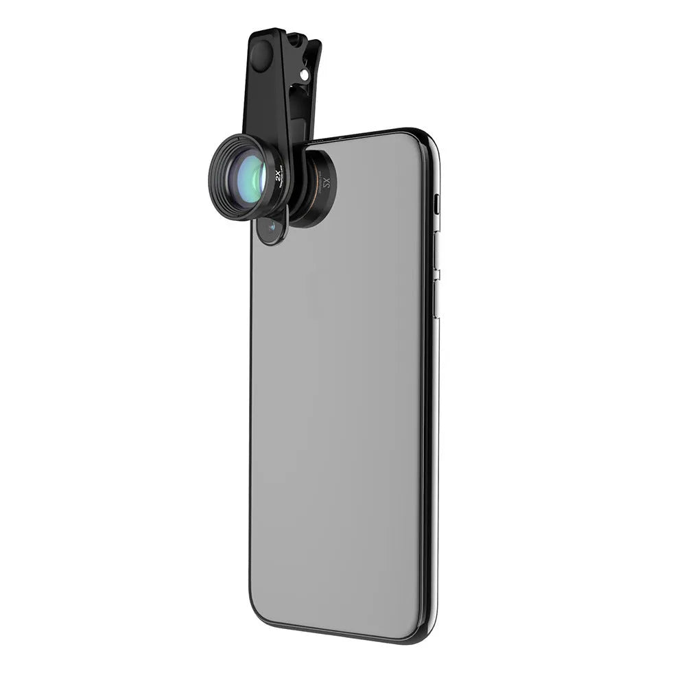 Black aluminium 6-in-1 smartphone camera lens kit with fisheye, macro, wide-angle, telephoto, CPL and star filters