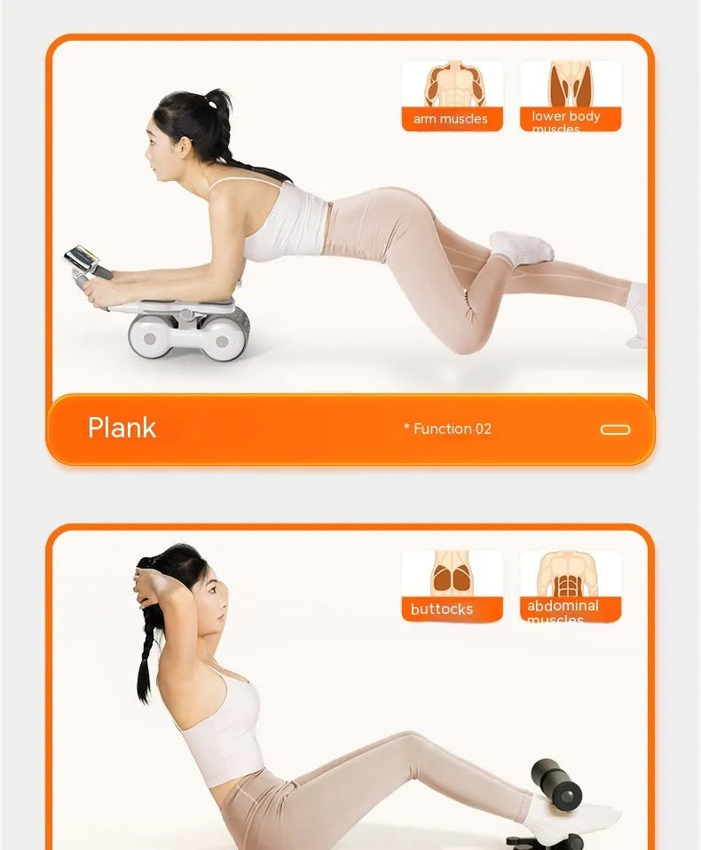 White belly contraction fitness roller with large LED timing and calorie counting screen.