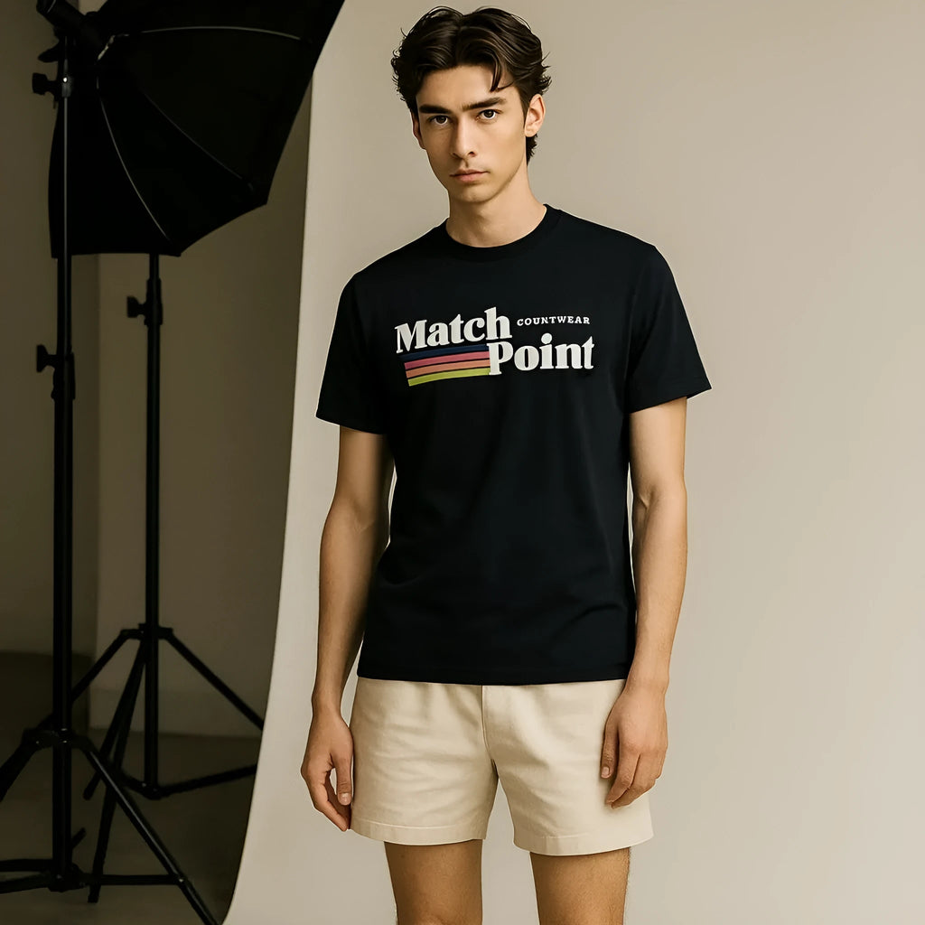 Black men's t-shirt with 3D digital printed text pattern, short sleeves and round neck
