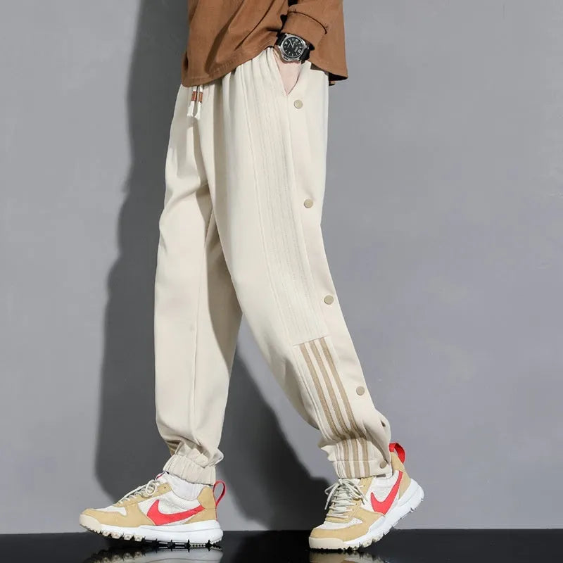 Men's black cotton blend sweatpants with belt and loose fit design for autumn sports wear