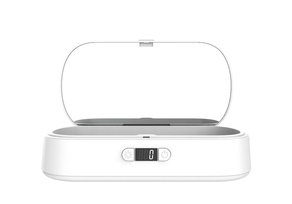 White ABS plastic wireless UV steriliser box for mobile phones and jewellery disinfection.