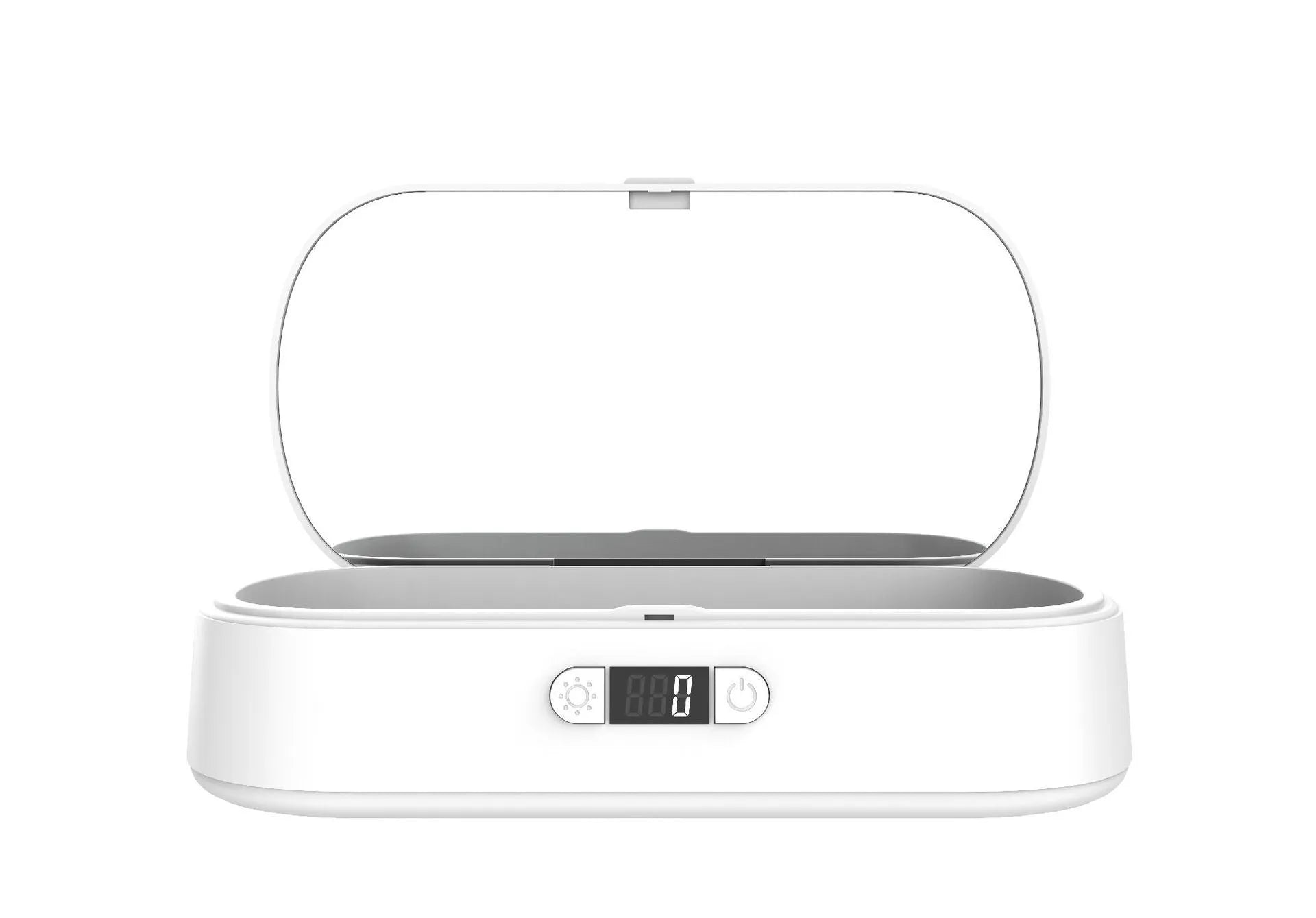 White ABS plastic wireless UV steriliser box for mobile phones and jewellery disinfection.
