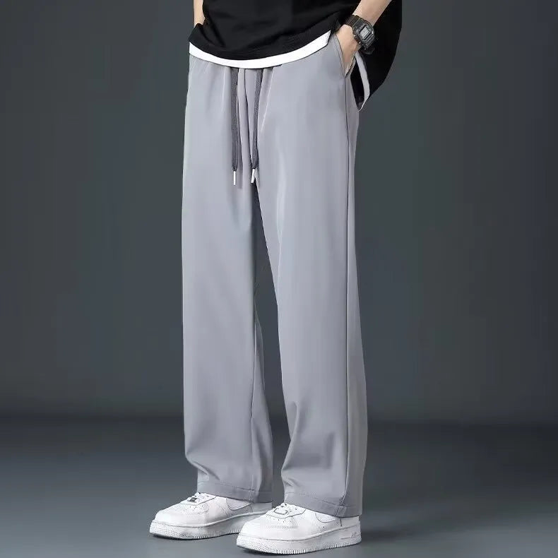 Men's ice silk summer thin high street drooping straight wide leg pants in khaki colour showing full-length relaxed fit