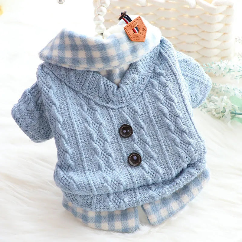 Blue wool plaid dog sweater with fake two-piece design fleece-lined for warmth
