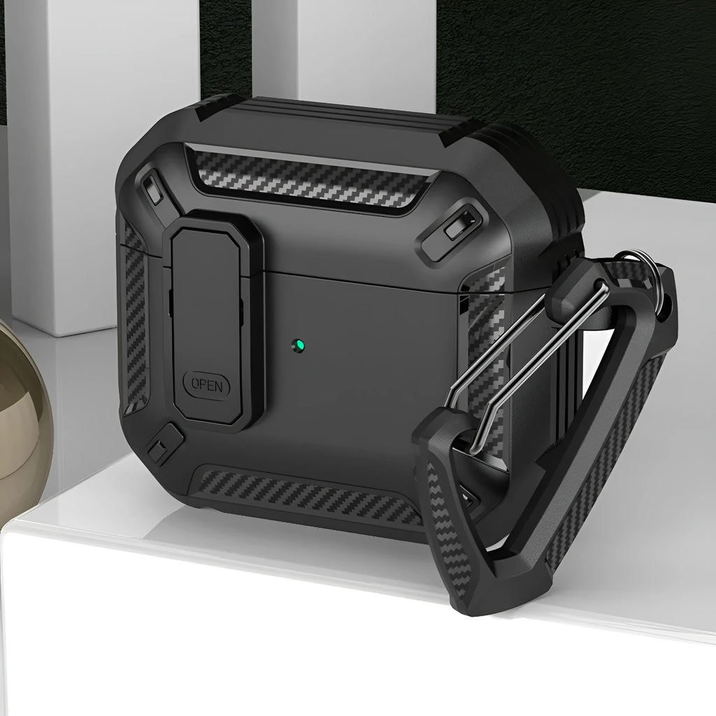 Two-tone plastic clamshell protective case for Apple AirPods charging case with a detachable hook.