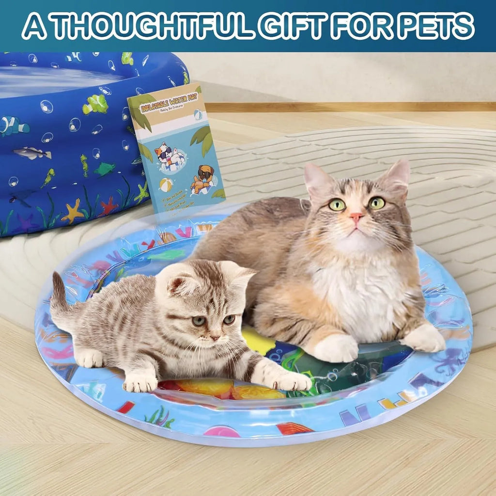 Large blue square water play mat for cats with floating fish toys inside, on a floor.