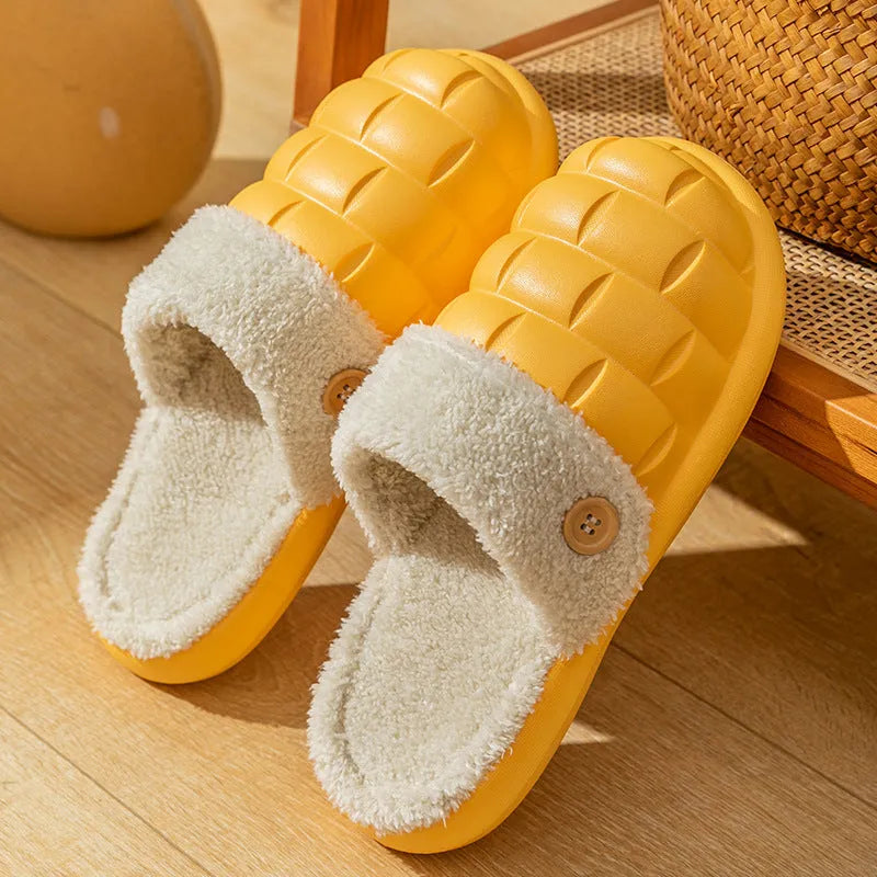 Plaid detachable EVA house slippers with plush lining, shown in pink for women.