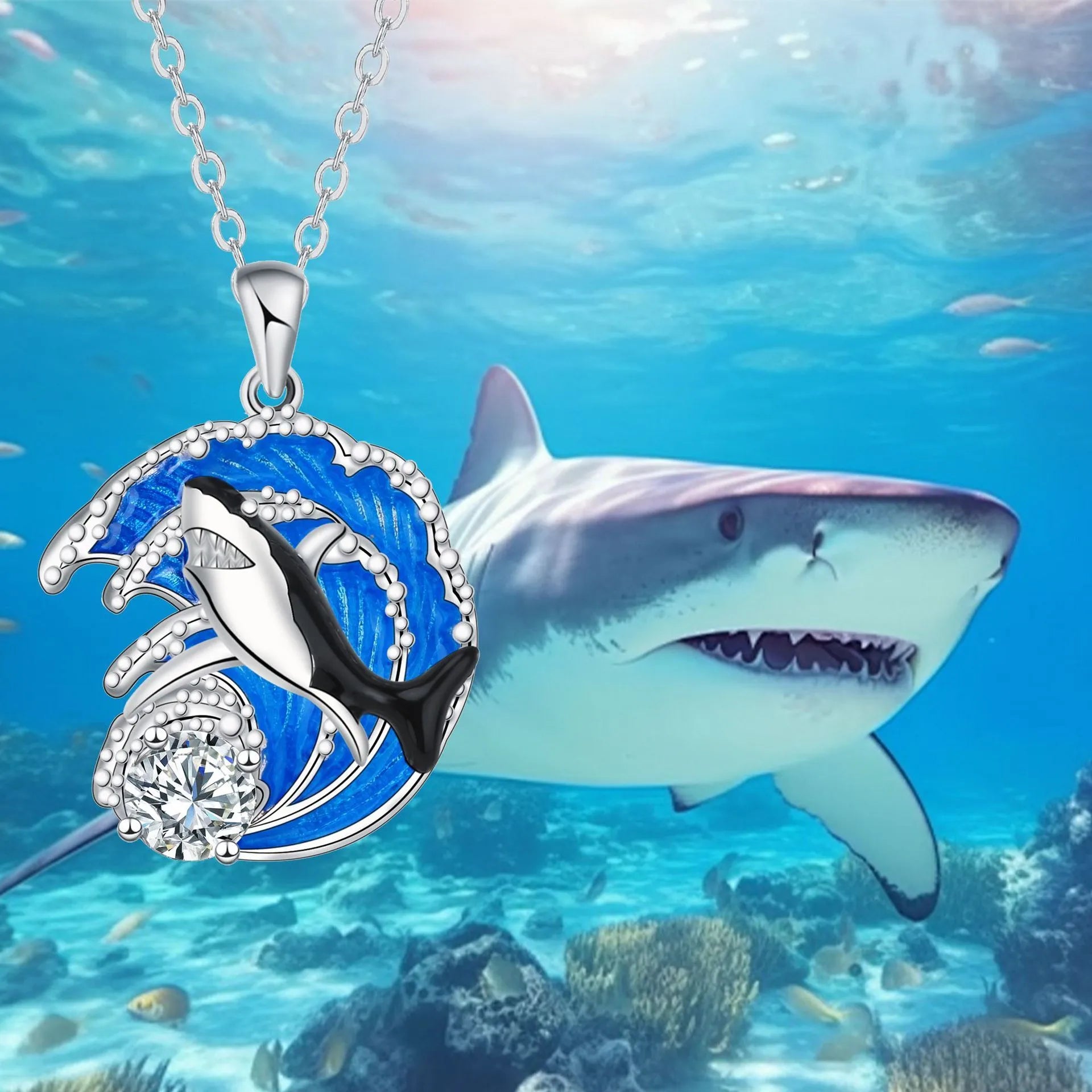 HAILANG women's shark necklace with copper pendant on a cross chain, adjustable length.