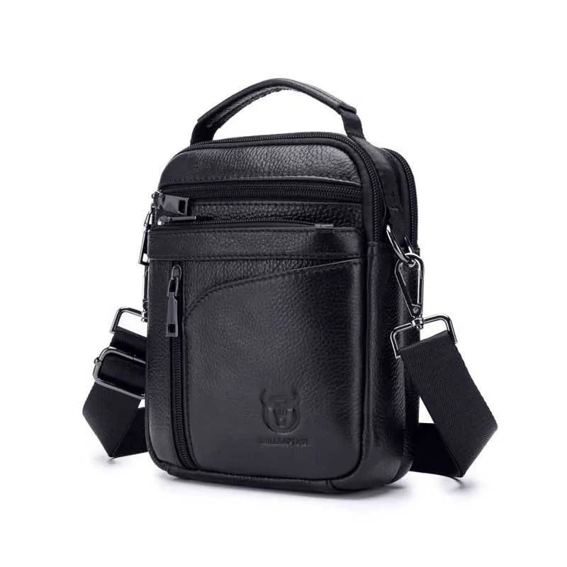 Men's black genuine leather retro style shoulder messenger bag for business casual and travel