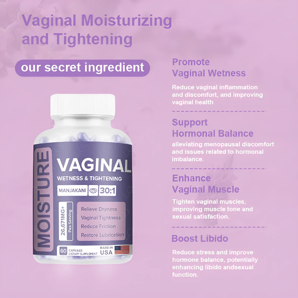 Bottle containing 60 vaginal capsules with botanical extract formulation for adult feminine care