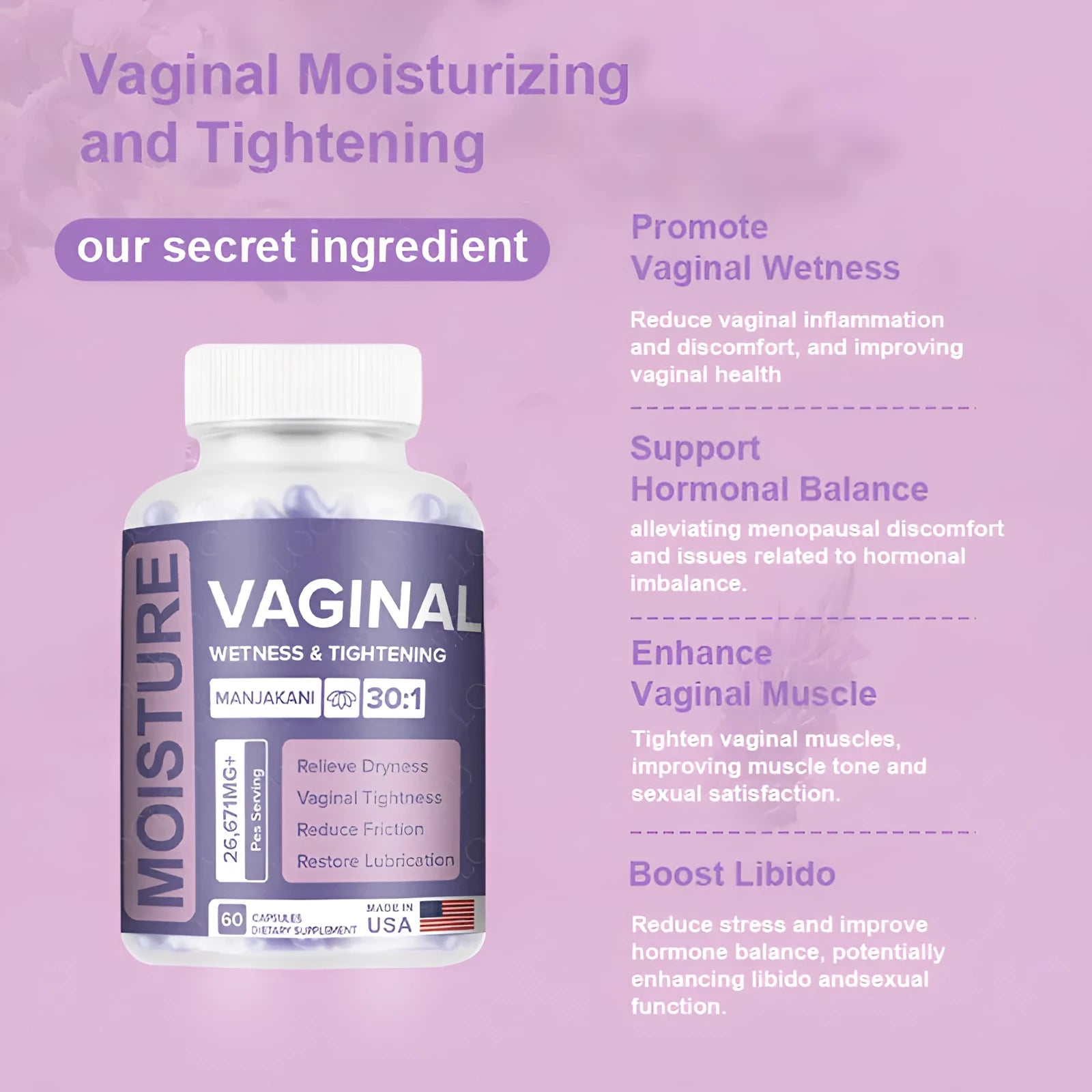 Bottle containing 60 vaginal capsules with botanical extract formulation for adult feminine care
