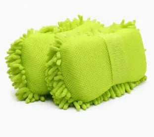 Silvery green microfiber car wash sponge with textured surface measuring 14 by 25 centimetres