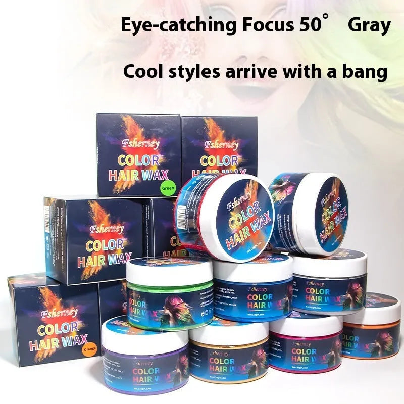 120g container of hair styling clay available in nine colours including granny grey and rose red