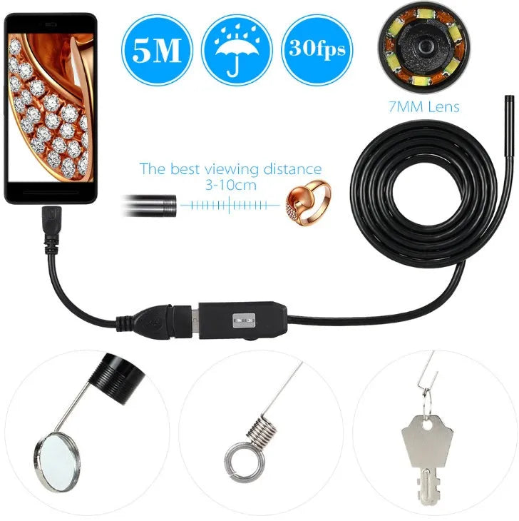 OWSOO USB endoscope camera with 5m cable, magnet, hook, and side audition tools for phone and computer inspection.