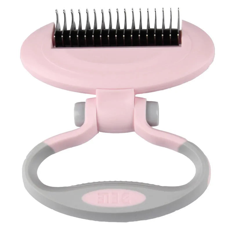 Rotating dual-head dog comb knot remover in blue with steel teeth and TPR handle on white background