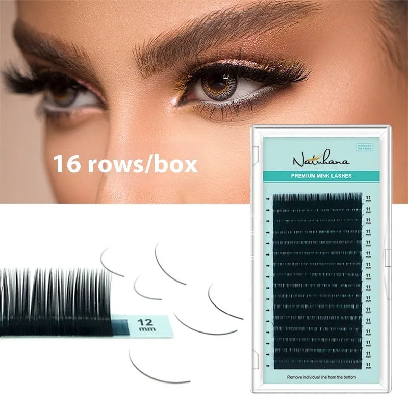 Soft velvet artificial fibre false eyelashes showing range of curl styles and lengths from 7mm to 15mm.