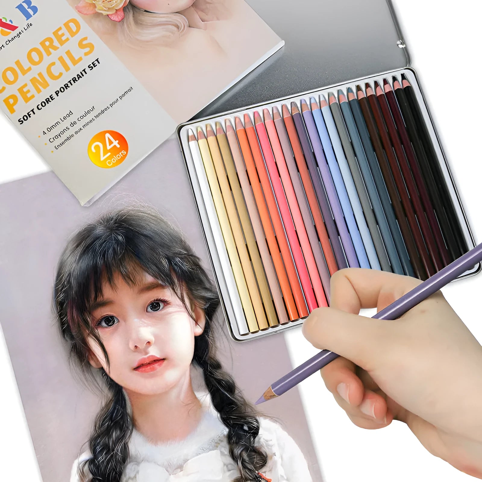 24-colour skin tone pencil set for portrait drawing in iron storage case
