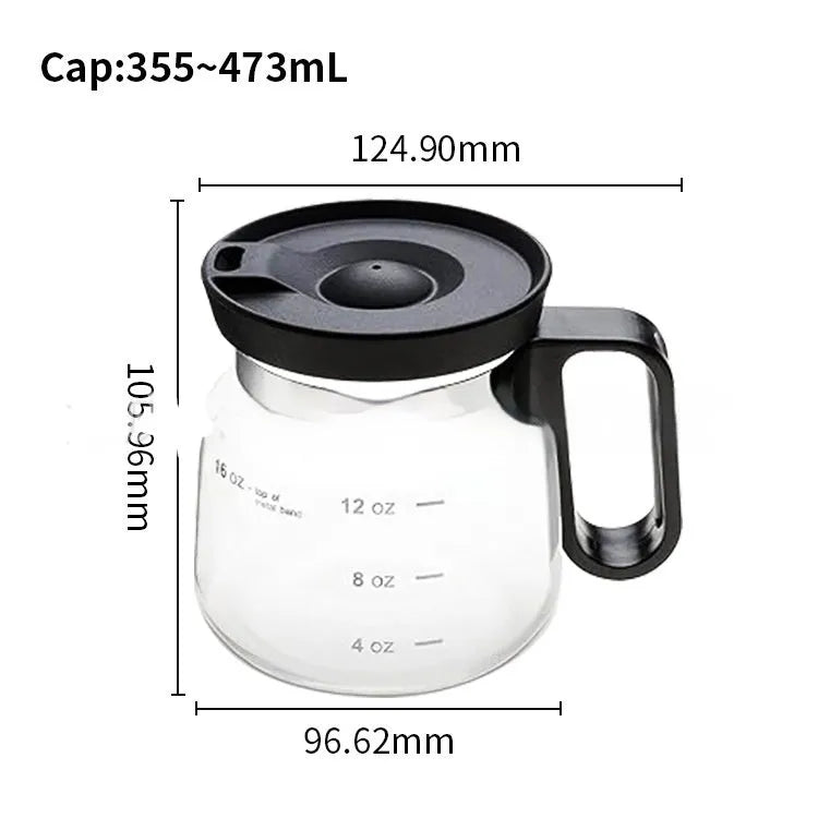 Transparent borosilicate glass French press coffee maker with stainless steel plunger and a black silicone cover.