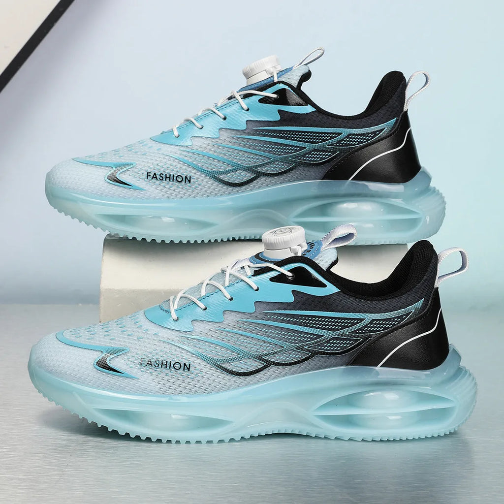 Casual running shoes in sky blue with mesh upper and rubber sole, shown in low-top round-toe design