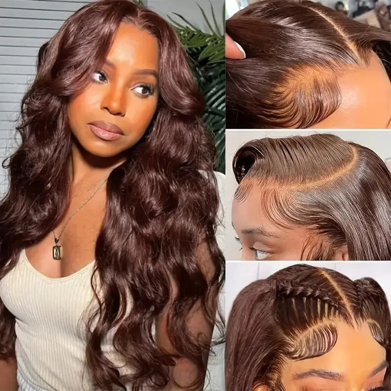 Long curly dark brown synthetic wig with side bangs on a mannequin head.