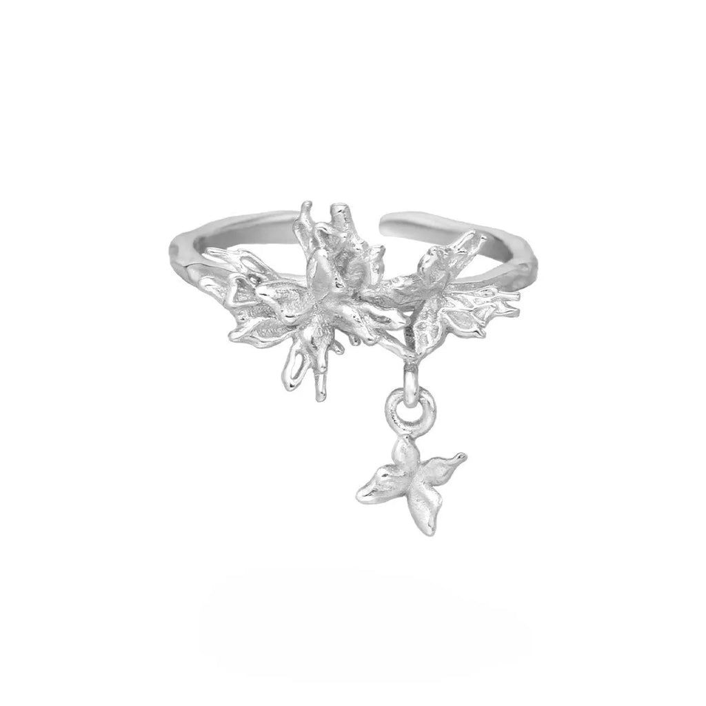 Silver butterfly ring with adjustable opening in 18K gold or white gold colour finish
