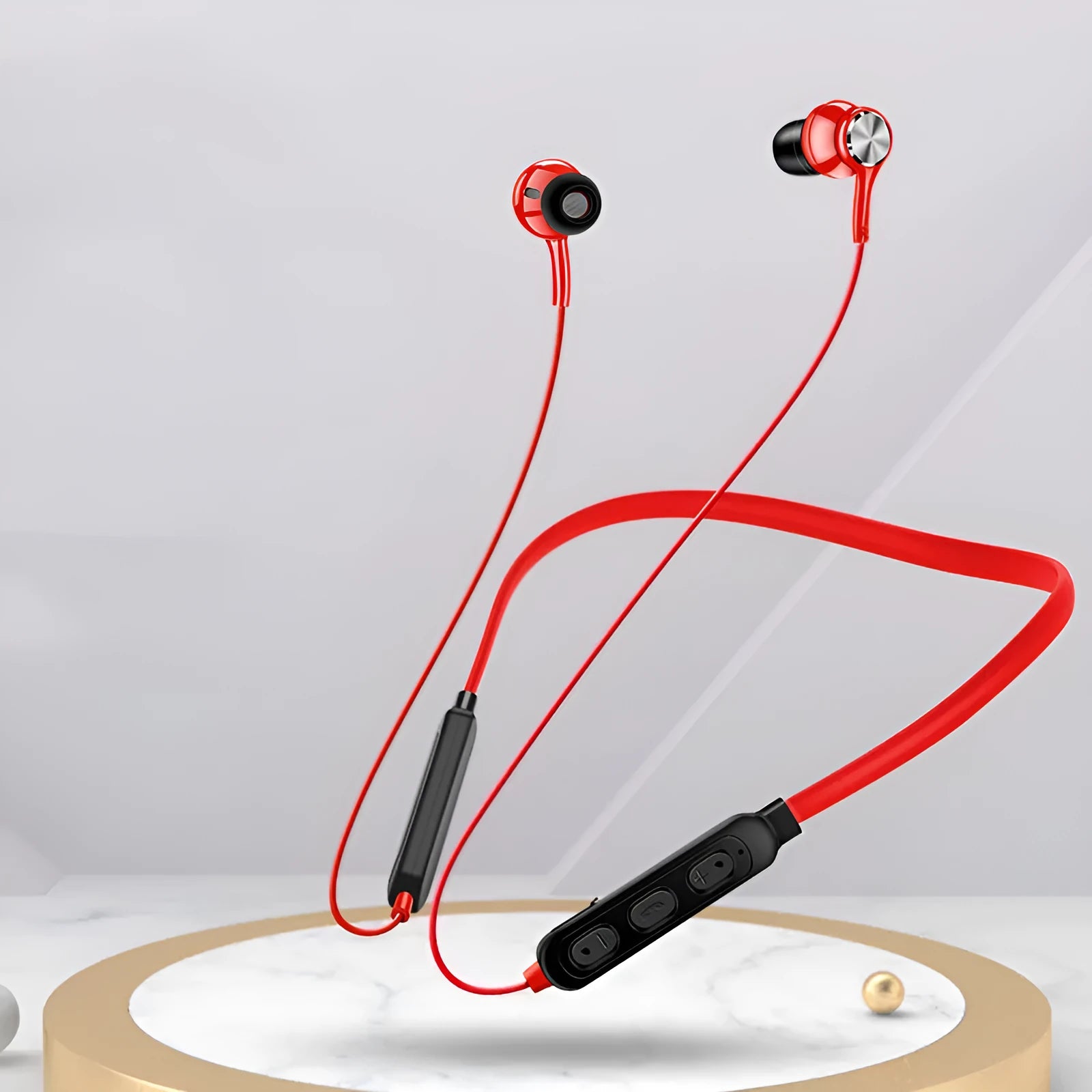 Neckband sports Bluetooth earphones in black, red, and white colour options showing wireless design