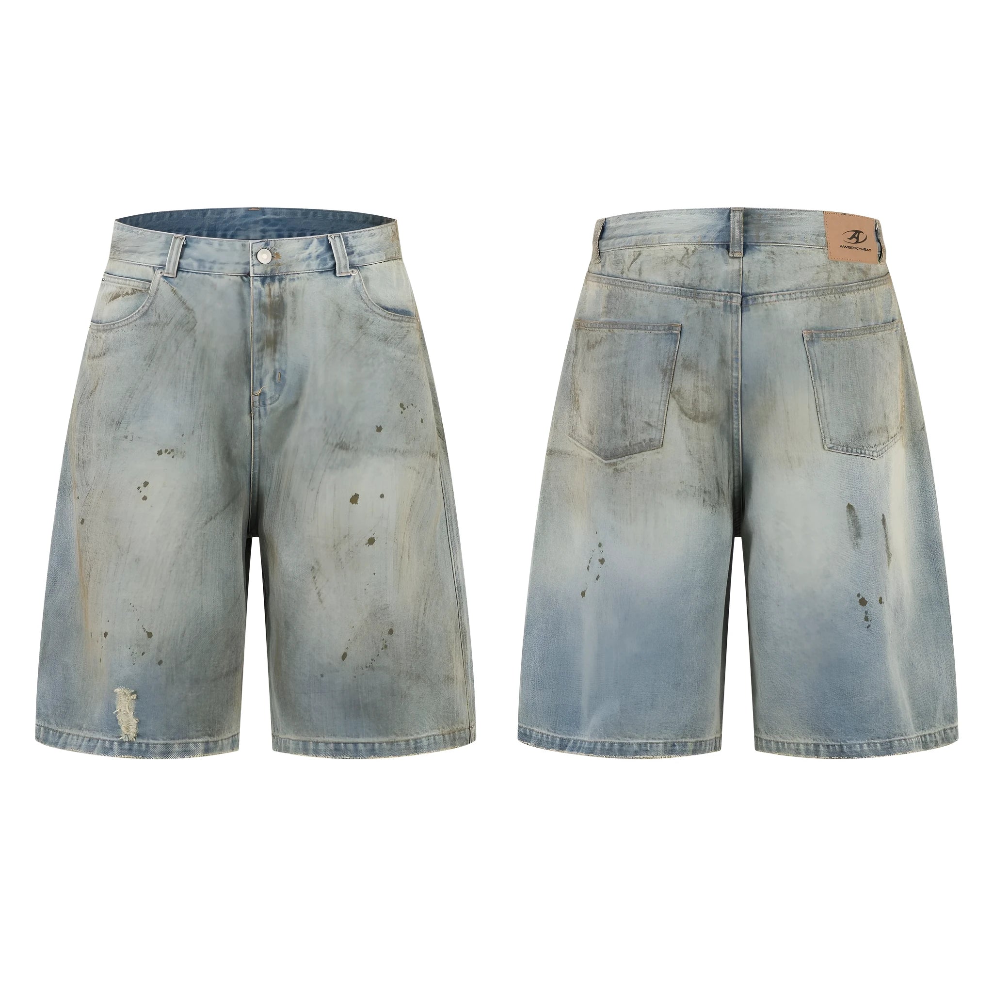Washed blue cropped denim jeans with straight leg cut and zipper fly