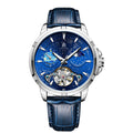 Men's blue dial automatic mechanical watch with 14mm thickness showing time display