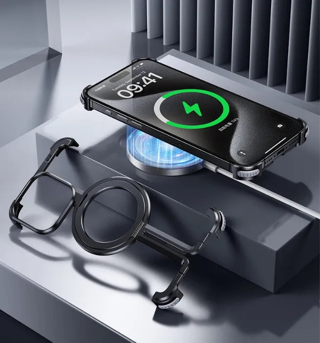 Metal airbag phone case for Apple iPhone in black with kickstand and aerospace-grade aluminium finish