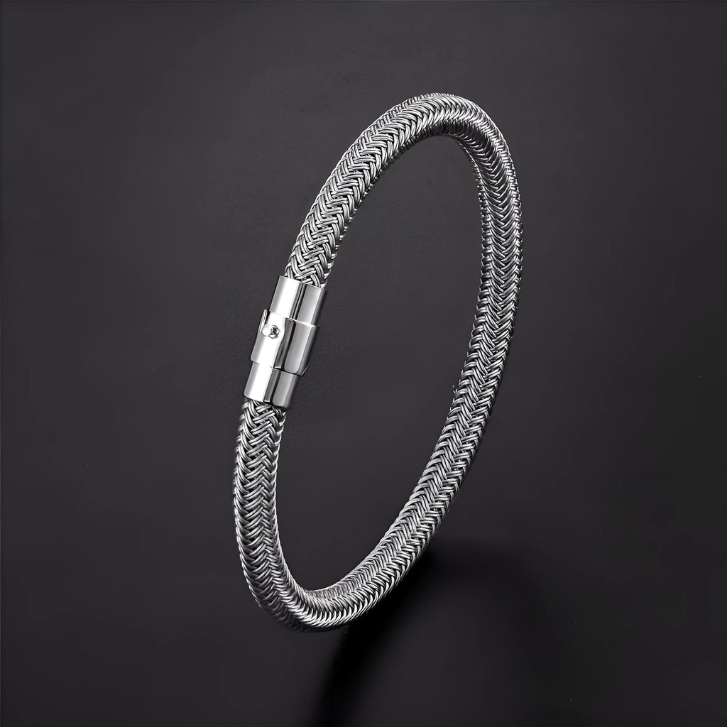 Men's silver titanium steel geometric bracelet with a magnetic clasp, shown in a 21cm size.