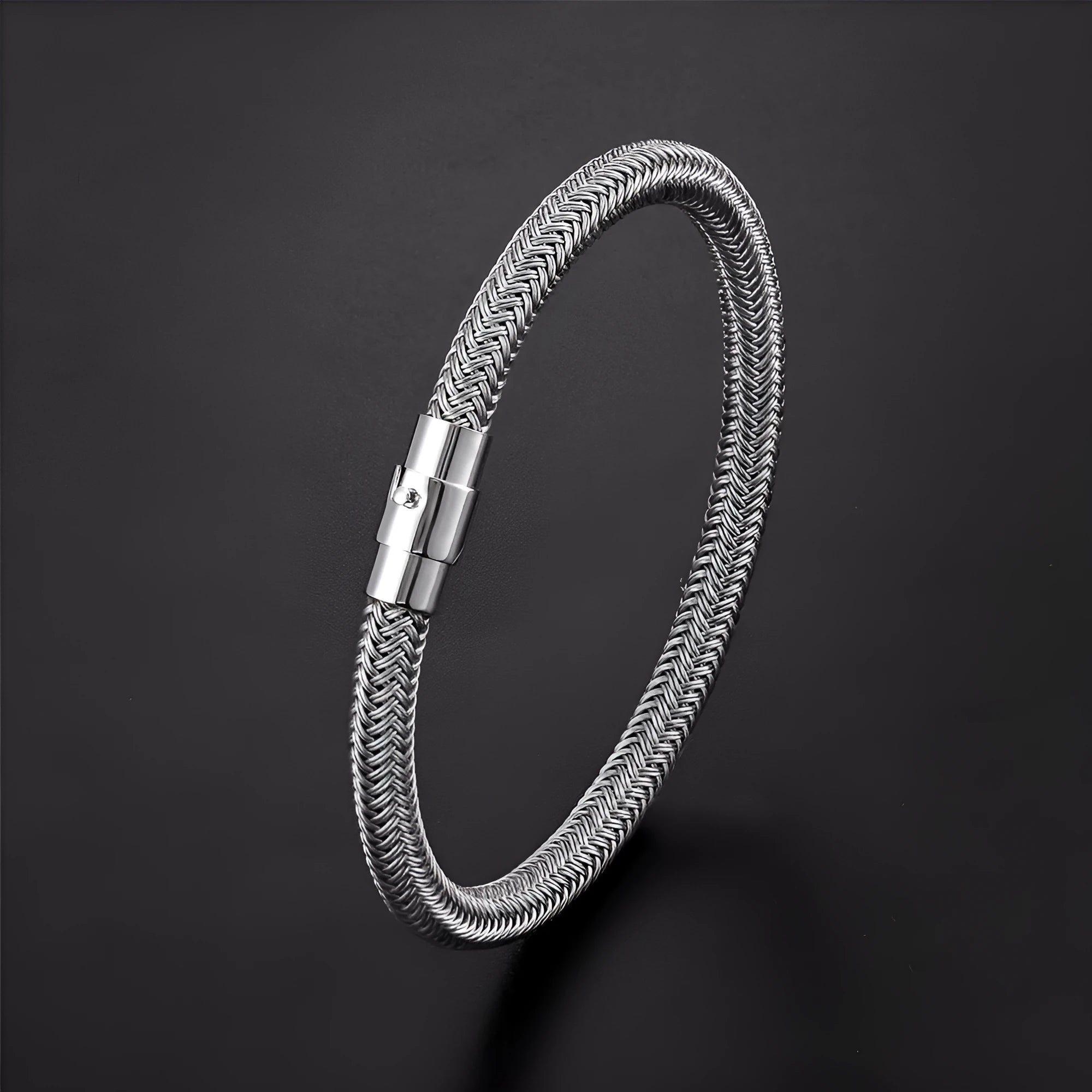 Men's silver titanium steel geometric bracelet with a magnetic clasp, shown in a 21cm size.